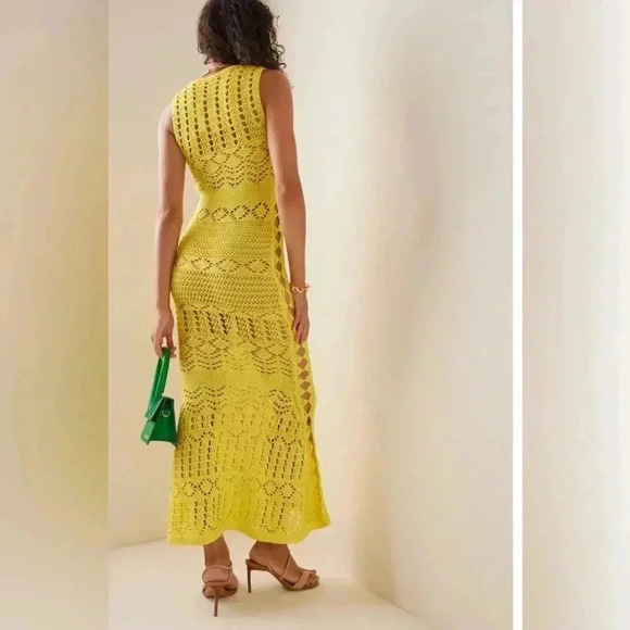 ALEXIS Crochet Maxi Dress Yellow L Sleeveless Cutout Coverup Bodycon Knit $825 - Picture 6 of 10